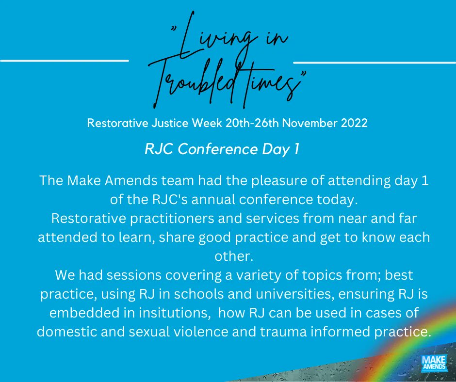 makeamendsrj's tweet photo. What an amazing day. Thank you to the Restorative Justice Council for hosting yet another fantastic event.
We have had the opportunity to learn about and discuss a range of topics, ask questions and share ideas. #RestorativeJusticeWeek22 #LivingInTroubledTimes #RJCConference https://t.co/lbDObXic21