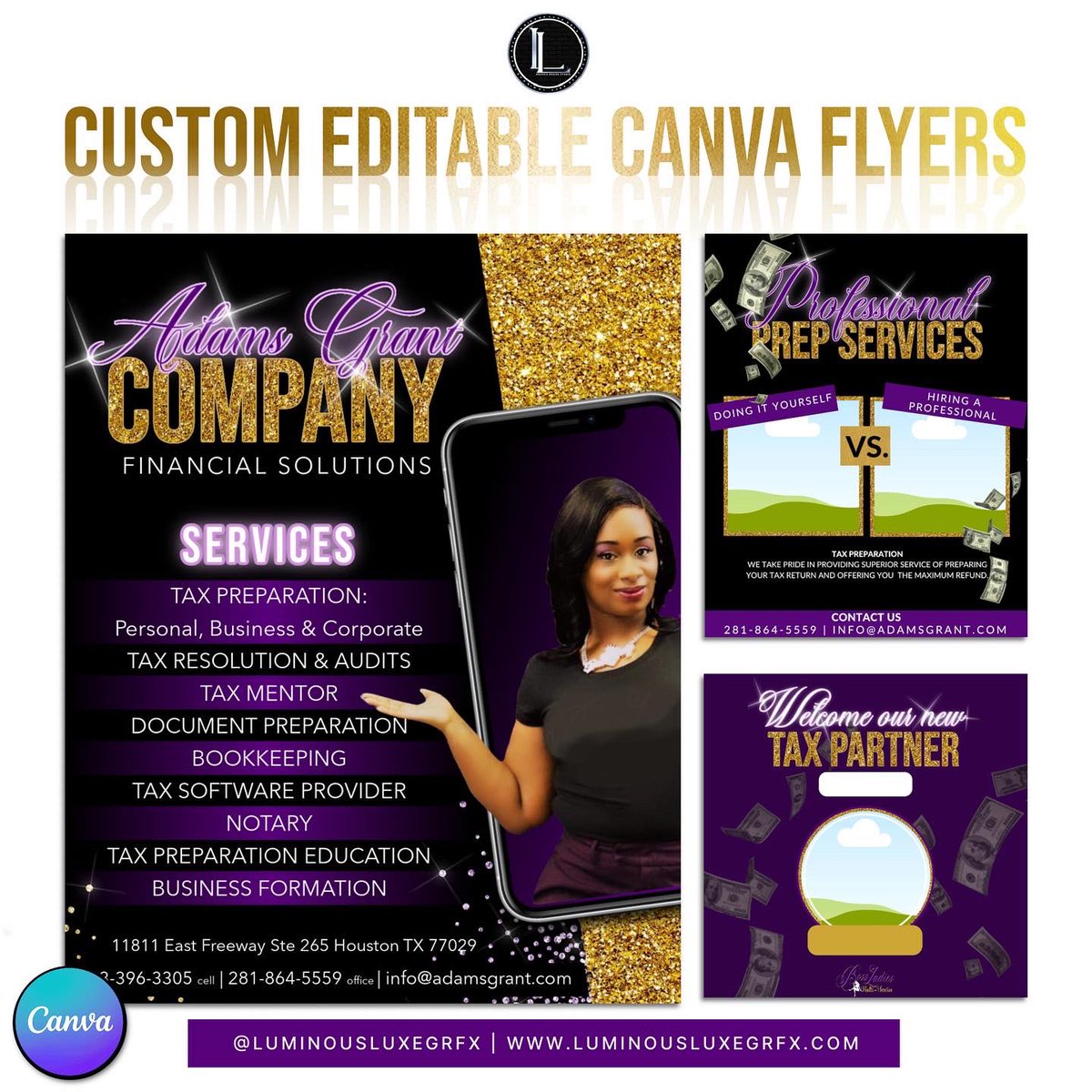 LuminousLuxGRFX's tweet photo. ✨Editable Content Bundle | Adams Grant Tax Co

Client requested these be designed in Canva so they're completely editable, so you know I delivered!

Get your business ready for Black Friday, shop our Black Friday sales!

https://t.co/7QCyn1pcG0 https://t.co/ECrOvPOAhG