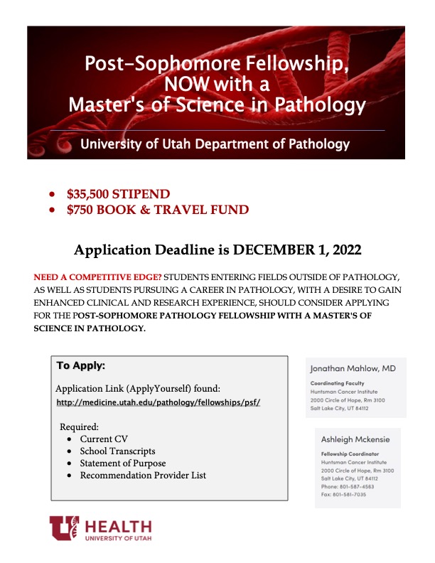 Hey #PathTwitter and #MedTwitter! Are you a med student possibly interested in pathology or don't know what you want to do yet and want more time to figure it out? Check out @UofUPathology's Post-Sophomore Fellowship and get paid to do pathology for a year (and get a Masters)!