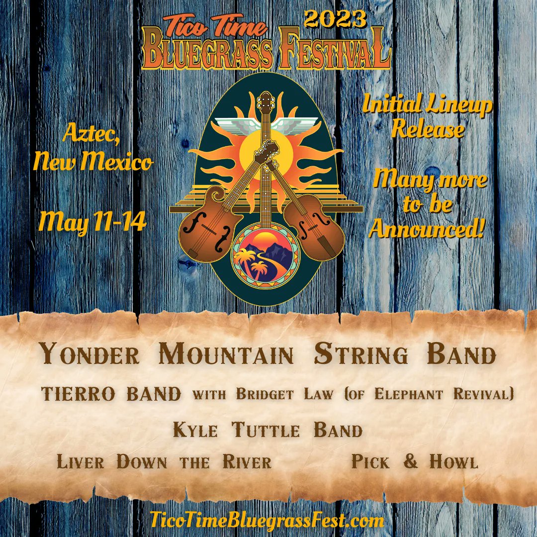 We’re thrilled to share that we're part of the amazing lineup for the Tico Time Bluegrass Festival, May 11-14, 2023. Just announced: Us (!), Tierro Band with Bridget Law, <a href="/kyletuttlemusic/">Kyle Tuttle</a>, <a href="/LiverDownTheRio/">Liver Down The River</a>, Pick &amp; Howl, + more TBA soon! Tickets &amp; info: buff.ly/3EMzYei