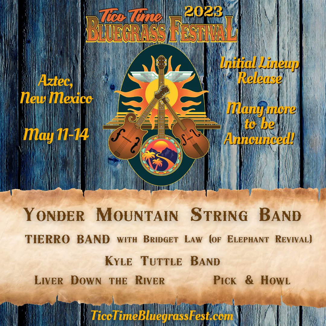 We’re thrilled to share that we're part of the amazing lineup for the Tico Time Bluegrass Festival, May 11-14, 2023. Just announced: Us (!), Tierro Band with Bridget Law, @kyletuttlemusic, @LiverDownTheRio, Pick & Howl, + more TBA soon! Tickets & info: buff.ly/3EMzYei