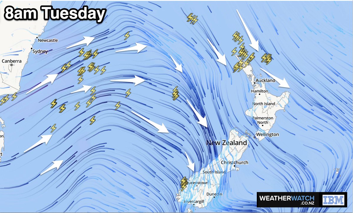 WeatherWatchNZ's tweet photo. ⚡️A cold front is approaching #NewZealand - bringing with it isolated #thunderstorms and squalls later today and into Wednesday. #ClassicSpring! 🍃 https://t.co/c1JZW3ODBu
