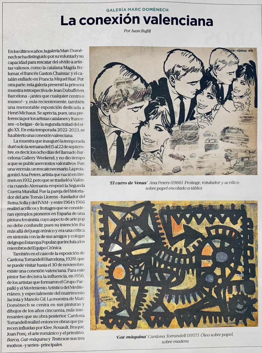 galeriadomenech's tweet photo. “En los últimos años, la galería Marc Domènech se ha distinguido por su voluntad y su capacidad para rescatar del olvido a artistas valiosos (…)” Juan Bufill @LaVanguardia 20/11/22

#AnaPeters #CardonaTorrandell #MagdaBolumar #MiquelRué … https://t.co/4dw8OxKaZx