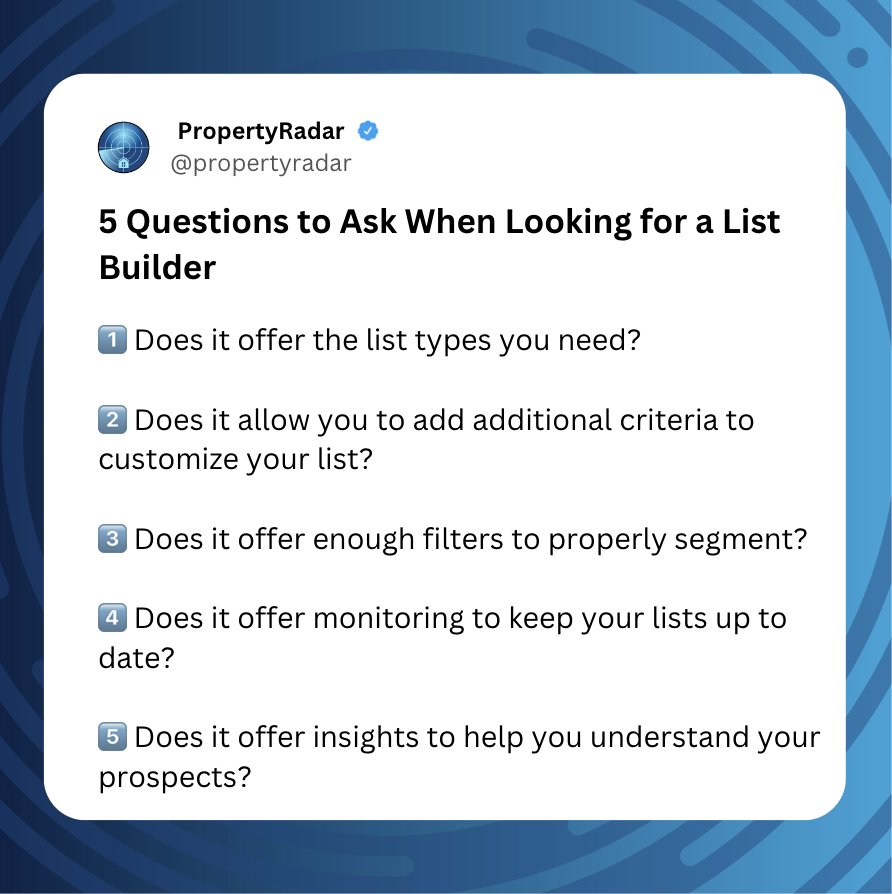 PropertyRadar's tweet image. Looking for a List Builder? Make sure you consider these 5️⃣ questions...