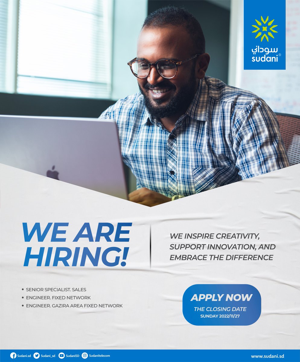 Sudani_sd's tweet photo. We’re Hiring
• Senior Specialist. Sales
• Engineer. Fixed Network
• Engineer. Gazira Area Fixed Network
The Closing Date will be Sunday 27/11/2022.
Take your golden step and join us,
https://t.co/BvQ1tn3p8y
#Sudani
#Hiring
#Career_path
#Sudani4G https://t.co/T8LtH7gbBN