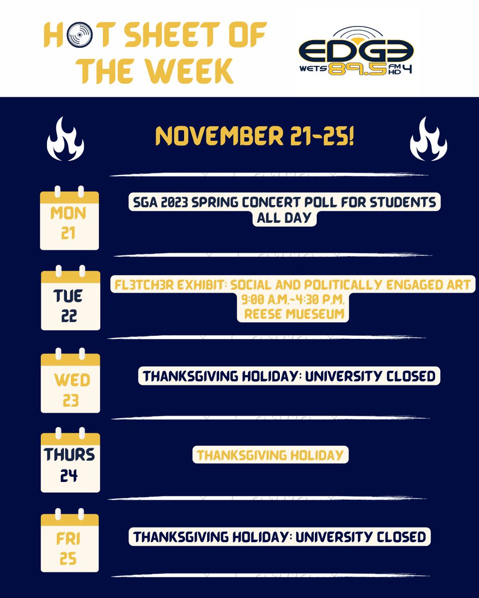 Take a look at what's happening on campus from November 21-25!

For more information regarding any of these events, please check out the ETSU Master Calendar in the link below.

go.activecalendar.com/etsu/

#etsu #events #etsuedge