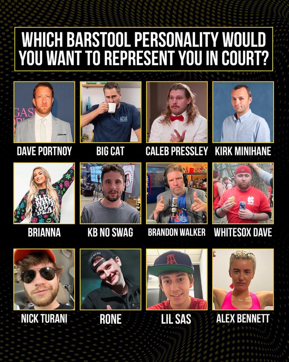 barstoolsports's tweet photo. Which Barstool personality would you want to represent you in court? @forthepeople https://t.co/ip8KjEoYDv