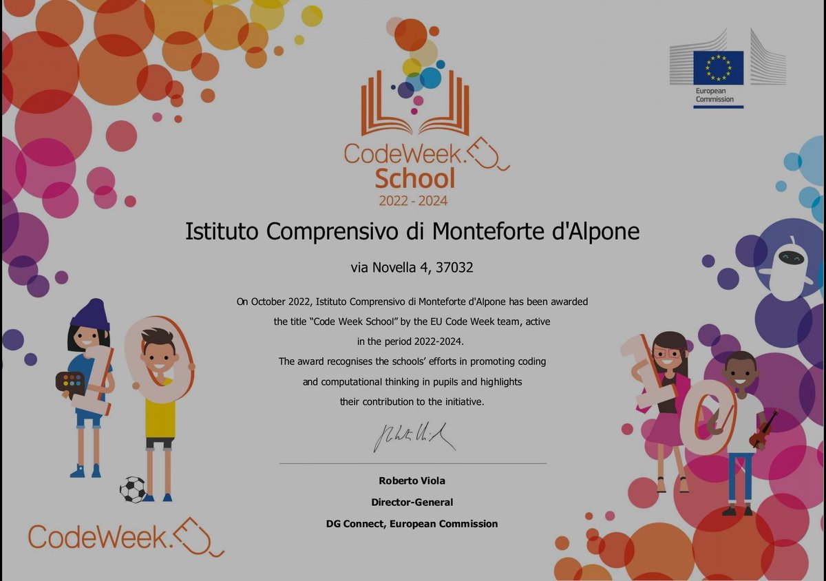 ICMonteforteAVR's tweet photo. #Codeweek @CodeWeekEU  #schoollabel #grateful
Riconoscimento atteso e sperato per il nostro istituto. @GiuseppeBonins1  @LisaCavinato https://t.co/CxvtRVx4MM