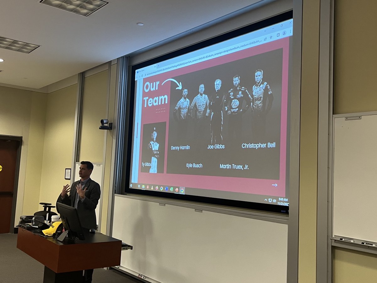 claudiaKM's tweet photo. Dave Alpern, President of Joe Gibbs Racing, is back at @UNC @kenanflagler talking with undergraduate students in Principles of Marketing about @NASCAR, Sports Marketing &amp; Brand Sponsorships. It's his tenth year of presenting to our students, and we are most thankful! #goheels https://t.co/orAoVJEU8l