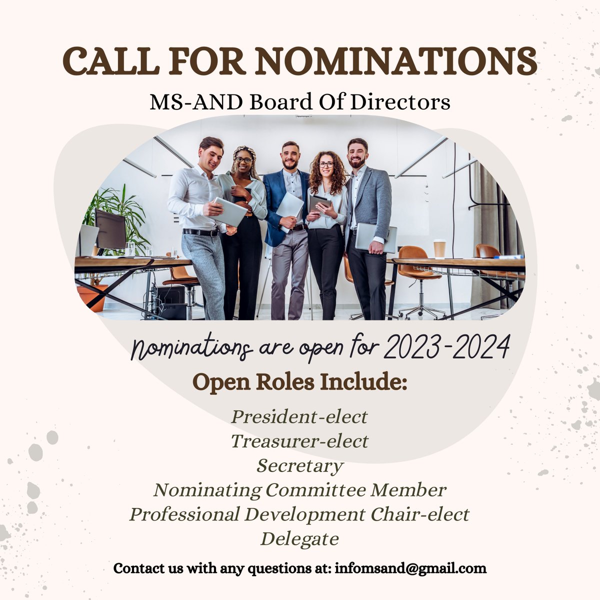 Nominations are open for the MS-AND 2023-2024 Board of Directors!
Please note those nominated must be active or retired AND members. Questions can be sent to infomsand@gmail.com. Nominations due by 1/11/22 at 11:59pm. docs.google.com/forms/d/e/1FAI…
#eatrightPRO #eatrightMS #Dietitians