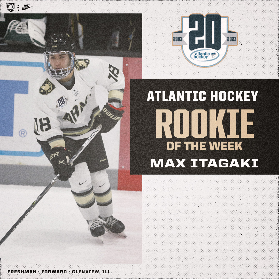 𝘔𝘈𝘟 𝘐𝘛𝘈𝘎𝘈𝘒𝘐 has been named <a href="/Atlantic_Hockey/">Atlantic Hockey America</a> Rookie of the Week! 👏

🍏 Three assists on the weekend versus Bentley
🔥 Current eight-game point streak
📈 11 assists ranks third in the conference

#GoArmy