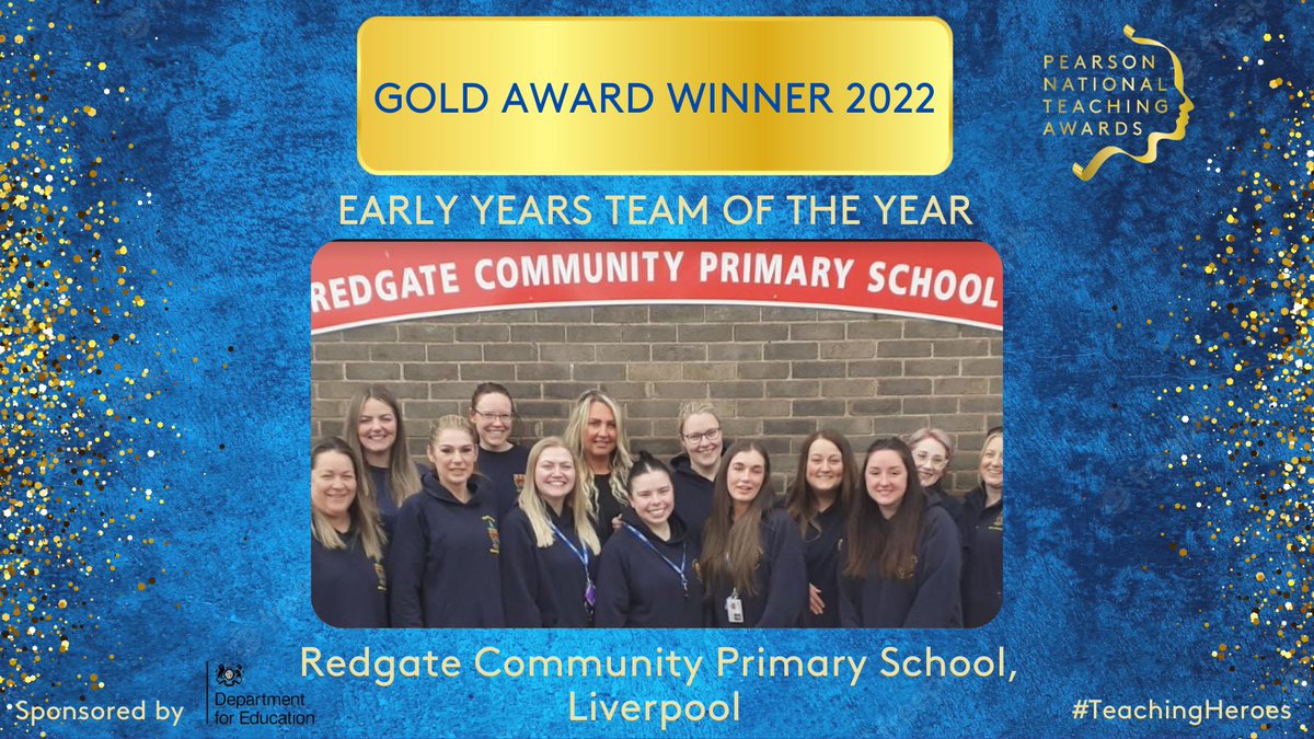 TeachingAwards's tweet photo. 1/4 Our final Gold Winner reveal of the night goes to the Early Years Team at Redgate Community Primary School @Redgate_Primary for the Early Years Team of the Year Award! Congratulations @RedgateEY @recepredgate ! (Sponsored by @educationgovuk) https://t.co/id6P6896ir