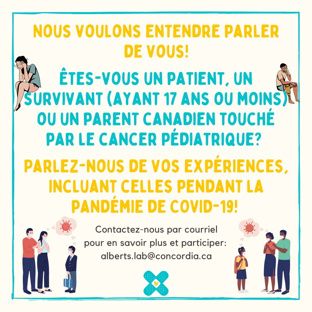 Êtes-vous un patient, un survivant (ayant 17 ans ou moins) ou un parent canadien touché par le cancer pédiatrique?

Participez à notre étude! 🇨🇦🎗️

📧 Contactez-nous par courriel pour en savoir plus et participer: alberts.lab@concordia.ca