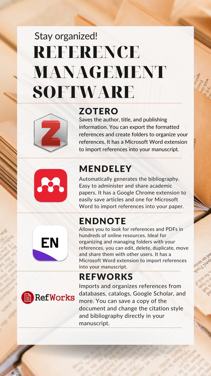 mariferveloz_'s tweet photo. 🤔Do you have a bunch of papers, books, and documents that you need for your writing project?
🤓📚Use a reference management software to organize all your references!
✨This will facilitate your work and boost your citation processing✨
#scienceliterature #academicorganization https://t.co/cVoBfQ913h