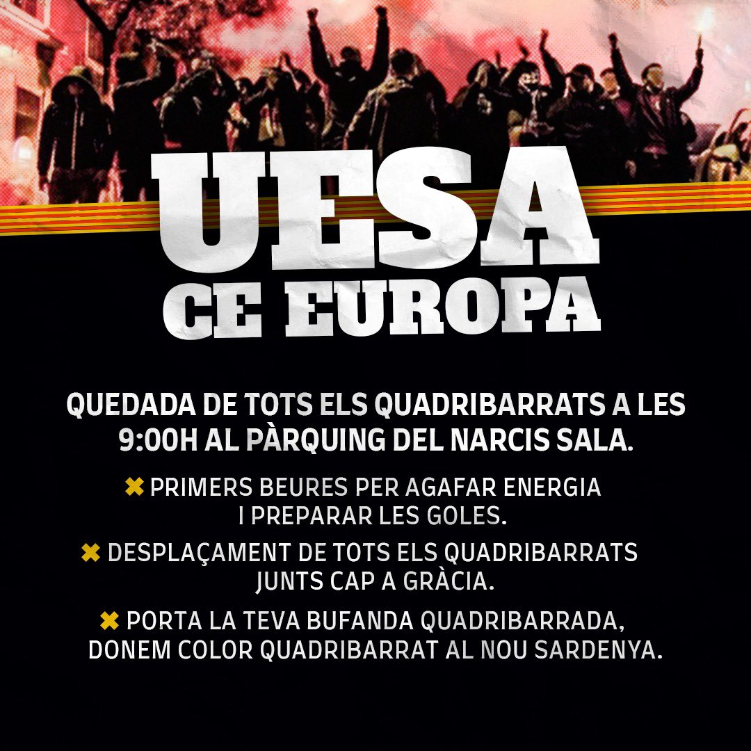 Desperdicis's tweet photo. 𝐃𝐄𝐒𝐏𝐋𝐀Ç𝐀𝐌𝐄𝐍𝐓 𝐀 𝐆𝐑À𝐂𝐈𝐀

•Diumenge 27 quedada de tots els quadribarrats a les 9:00h al pàrquing del Narcís. 

•Desplaçament tots junts a Gràcia. 

•Cada quadribarrat amb la seva bufanda quadribarrada, donem color quadribarrat al derbi. 

Seguim fent història! https://t.co/1IFllB9rbM