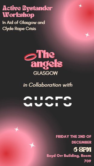 _GCFS_'s tweet image. // ACTIVE BYSTANDER WORKSHOP //
We are excited to announce our collaboration with the Angels Glasgow on hosting a workshop to share skills to mitigate gendered violence in a secure manner. Come along on December the second, see the graphic for details!