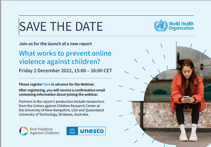CCRCunh's tweet image. We are excited to announce the launch of a new WHO report on preventing online violence against children. @DavidFinkelhor @lisajonesunh @kerryannwalsh2 The webinar is Friday the 2nd of December. Please register here: who.zoom.us/webinar/regist…
