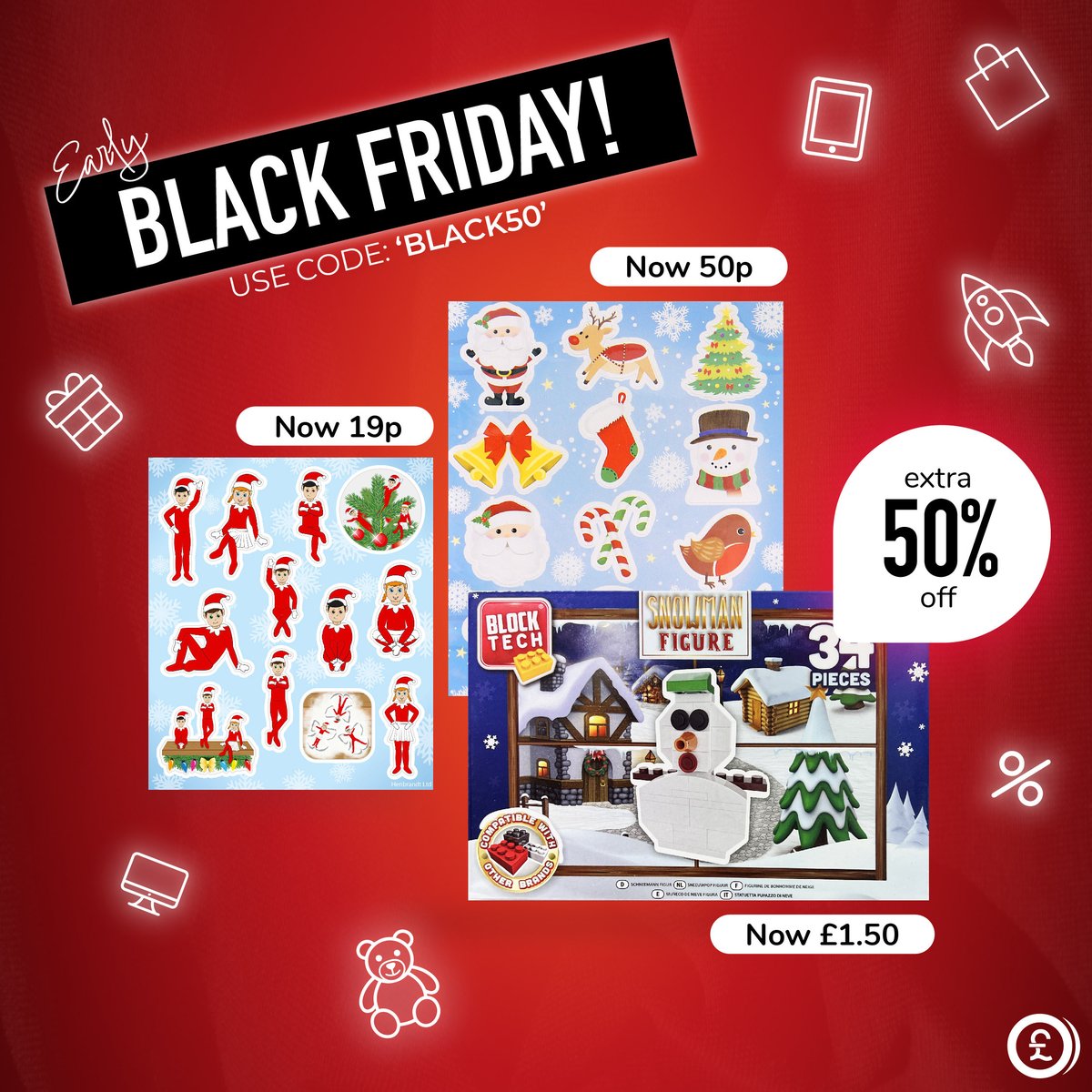 BLACK FRIDAY STOCKING FILLERS 🖤

With code ‘BLACK50’ you can now get the Elf On The Shelf Stickers for just 19p, Christmas Stickers for 50p AND the Block Tech Snowman Set for only £1.50. We just know your little ones will love these, this Christmas! 🎅🏻
bit.ly/3fABYbl