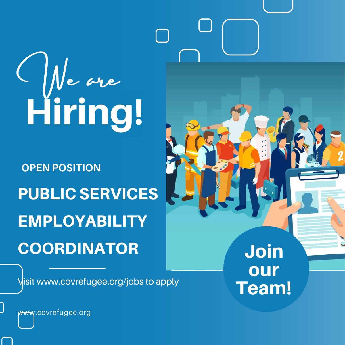 We are hiring!

A public services employability coordinator

Interested or know someone who will be a good fit? Visit integratecoventry.co.uk for application guidance.