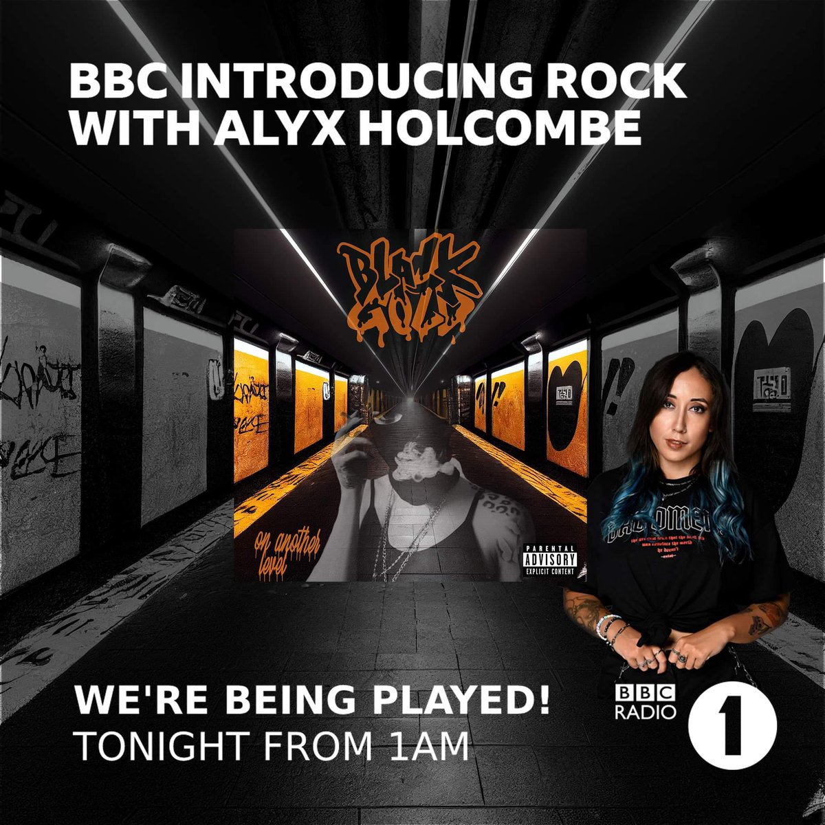 YES @AlyxHolcombe LETS GO..
@bbcintroducing rock on @bbcradio1 
1am tonight and tomorrow on @bbciplayer 
.
.
#alyxholcombe #bbcradio1 #BLACKGOLDHG #annonymous #OnAnotherLevel #korn #newsingle #numetal #metal #rock