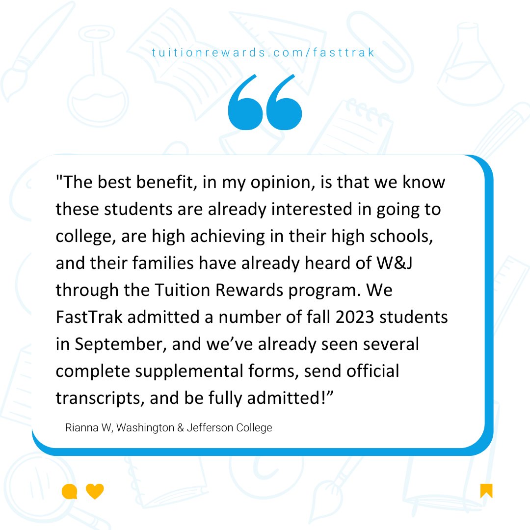 readysetcoll's tweet photo. What are the colleges saying about #FastTrak so far? They're already pre-admitting students — so exciting!
Learn more about our program: https://t.co/x77mti9zLB
#collegeadmissions #college #applytocollege #highered #collegeprep #admissions #tuitionrewards #sagescholars https://t.co/px7pDe1ro6
