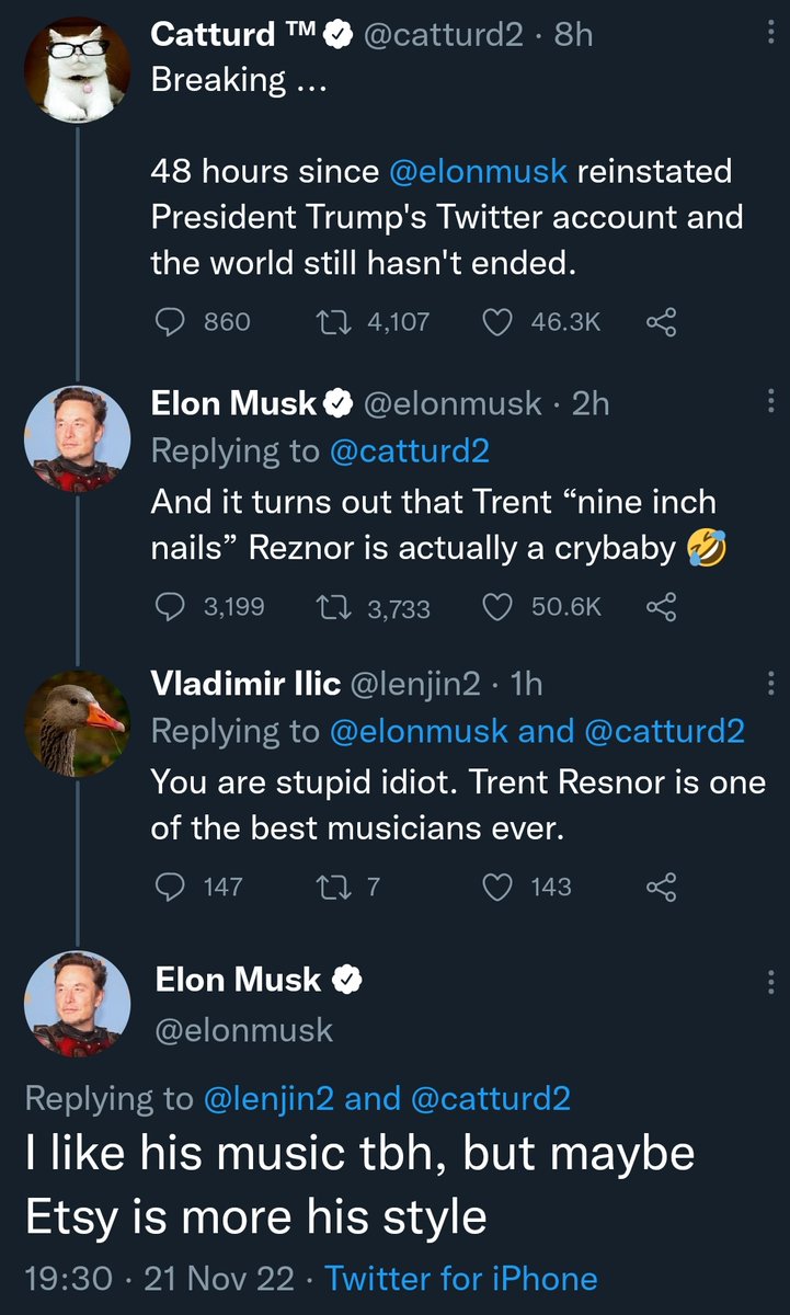 It's absolutely eating Elon up inside that someone like Trent Reznor despises him while the people that support him and are his online friends are people like catturd and Ian Miles Cheong