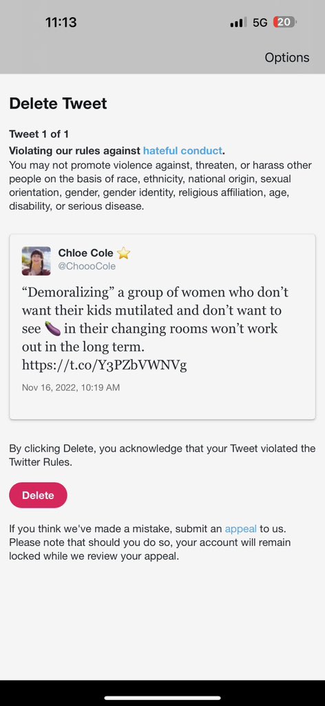 buttonslives's tweet photo. Detransitioner @chloecole was just suspended from Twitter in yet another iteration of their backwards content moderation policies. Chloe was responding to @EliErlick’s glorification of violence against women, and is locked out of her account as a result. Paging @elonmusk. https://t.co/KMzgXb4ET4