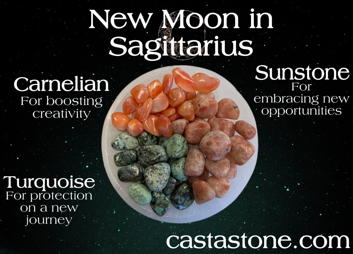 On Nov 23rd we have the New Moon in Sagittarius ♐️ so be ready to plant your intentions!

Remember:
🌞Sunstone for embracing new opportunities with courage and enthusiasm
🔥Carnelian for boosting creativity and bringing projects to life
🛡Turquoise for protection on a new journey