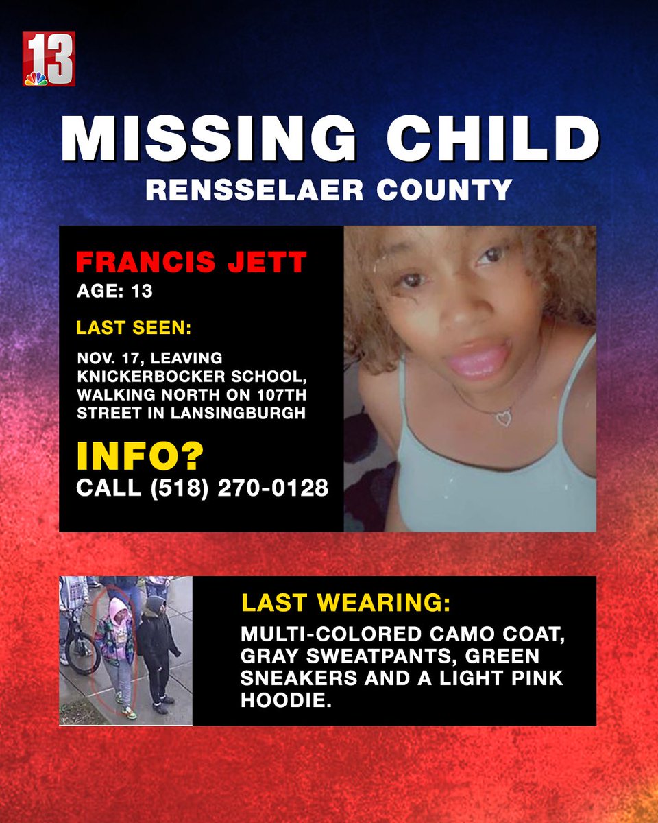 WNYT's tweet photo. ⚠️ CAN YOU HELP? Francis Jett, 13, is missing from Lansingburgh. Each RT could be a step closer to finding her! https://t.co/L47cDL6fRZ