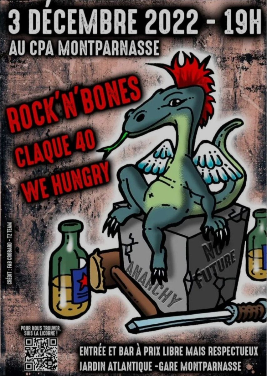 RockNBonesCrew's tweet photo. Centre Anim'Paris Montparnasse Samedi 3 décembre
Tables + expo dès 16h30
Rock'n'Bones + Claque 40 + We Hungry https://t.co/vxhLhYrZpf