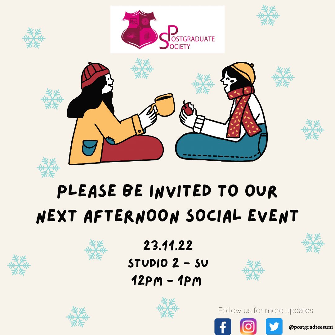 Postgraduate Society Teesside University (@postgradteesuni) on Twitter photo ❄️Afternoon Social❄️
Please be invited to our next afternoon social event 💬
The weather is getting cold so feel free to bring a hot drink along ☕️
🗓 23.11.22
⏰12 pm - 1 pm
📍Studio 2- SU
#postgradteesuni #teessideuniversity
<a href="/Anirudh50919300/">Anirudh Sharma</a> <a href="/SsshlR/">SSSHL School Reps</a> <a href="/teessidesu/">Teesside University Students’ Union (TUSU)</a> ❄️Afternoon Social❄️
Please be invited to our next afternoon social event 💬
The weather is getting cold so feel free to bring a hot drink along ☕️
🗓 23.11.22
⏰12 pm - 1 pm
📍Studio 2- SU
#postgradteesuni #teessideuniversity
<a href="/Anirudh50919300/">Anirudh Sharma</a> <a href="/SsshlR/">SSSHL School Reps</a> <a href="/teessidesu/">Teesside University Students’ Union (TUSU)</a>