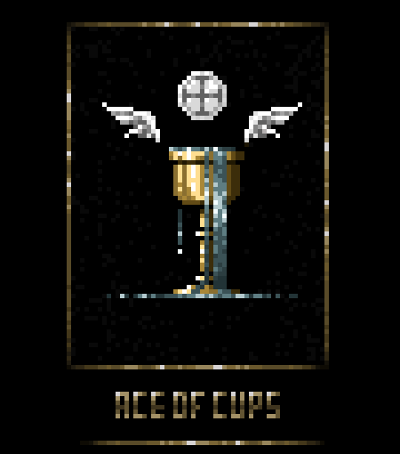 All Ace's contain huge potential and are an invitation for something new. They also embody the purest form of the suit. 

The Ace of Cups is about opening up to big mushy love in all of it's forms. From romance, friendships, family, and (especially) yourself. 

#pixelart #tarot
