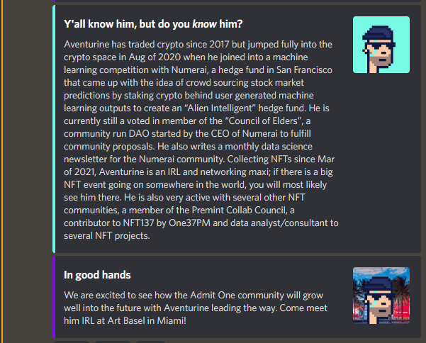 Today is a very special day for me. The NFT space has become such a deep passion of mine since 2021 ❤️ I am so proud to announce that today I joined the <a href="/gmoneyNFT/">gmoney.eth</a> team as the Community Lead for <a href="/Admit0001/">Admit One</a> 🔥 I am so excited to grow and expand the community into the future 🫡