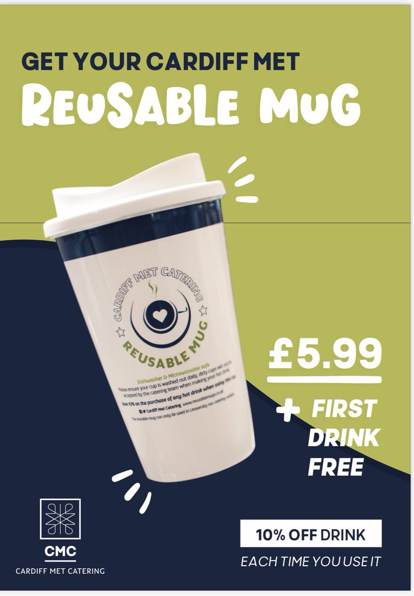 CMUCatering's tweet photo. Back on sale in the catering venues - The Cardiff Met Catering reusable mug - Save 10% when you return with our mug when buying a hot drink plus a free hot drink with the first purchase of the cup βοΈ ππ #reusable #singleusecup https://t.co/i7ATS7tOb0