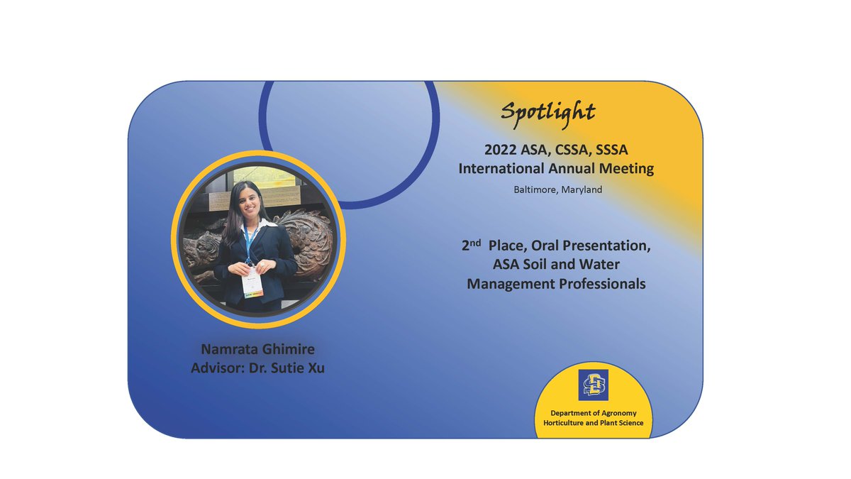 AHPSGradProgram's tweet photo. Congratulation! to Namrata Ghimire for 2nd Place in Oral Presentation in the Soil and Water Management Professionals session at ASA-CSSA-SSA meetings @SDState @ASA_CSSA_SSSA https://t.co/WShjEhBRkg