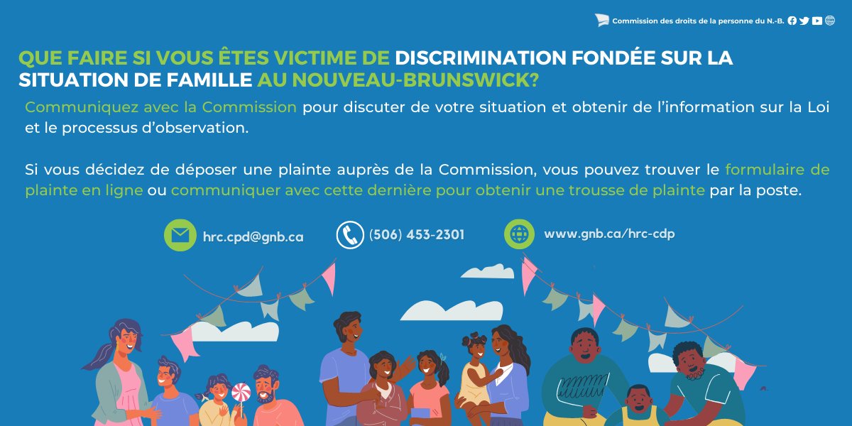 HRCNB_CDPNB's tweet photo. Saviez-vous que la Loi sur les droits de la personne du Nouveau-Brunswick vous protège contre la discrimination fondée sur la situation de famille? 
Consultez notre ligne directrice sur la situation de famille pour en apprendre plus : https://t.co/5RxFEw7HVk https://t.co/WhL1CBSH6g