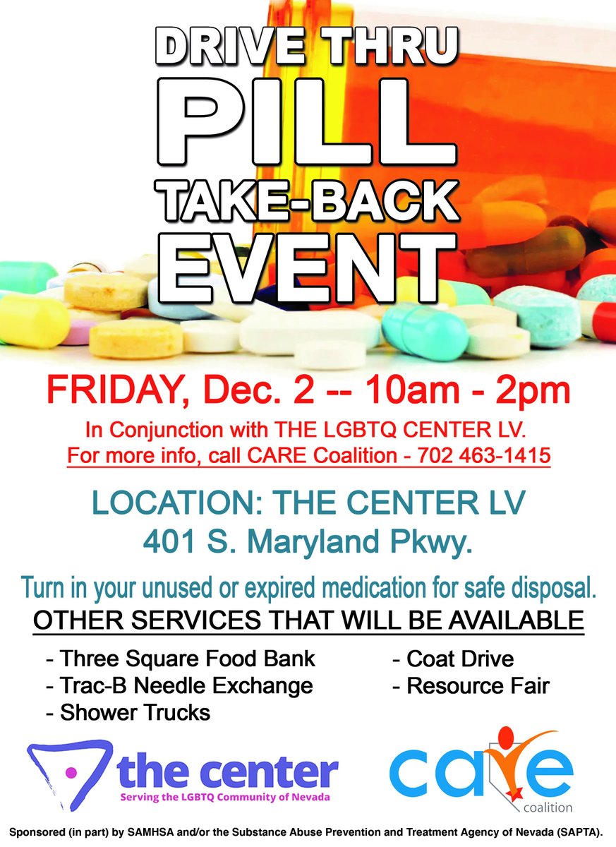 CARECoalitionNV's tweet photo. We will be having a community Drive Thru Pill Take-Back event in conjunction with The LGBTQ Center here in Las Vegas on Dec. 2nd. The event will take place at The Center from 10am - 2pm.
https://t.co/aL6TEPvhOL
#VEGAS #LASVEGAS #COMMUNITY #PREVENTION #PILLTAKEBACK #MENTALHEALTH https://t.co/GegMchWw60