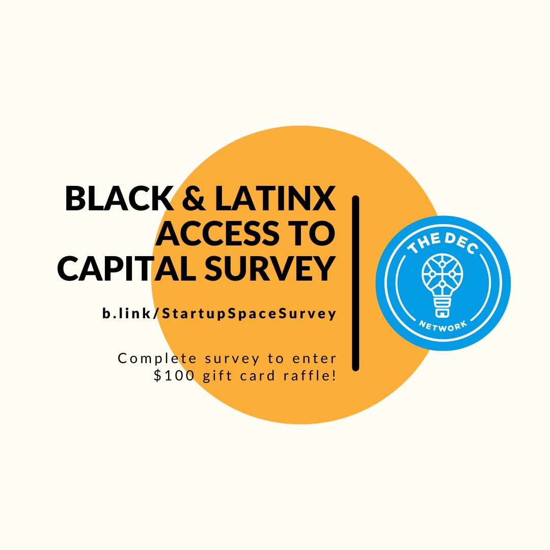 theDECnetworkRB's tweet photo. ⭐️ Help address the capital gap among Black and Latinx small business owners.

🎉 Complete the survey and be entered into a $100 gift card drawing! Your answers will be kept 100% confidential!

Complete the survey ➡️ https://t.co/2P4FlwhuAn https://t.co/yiT8QnLQf5