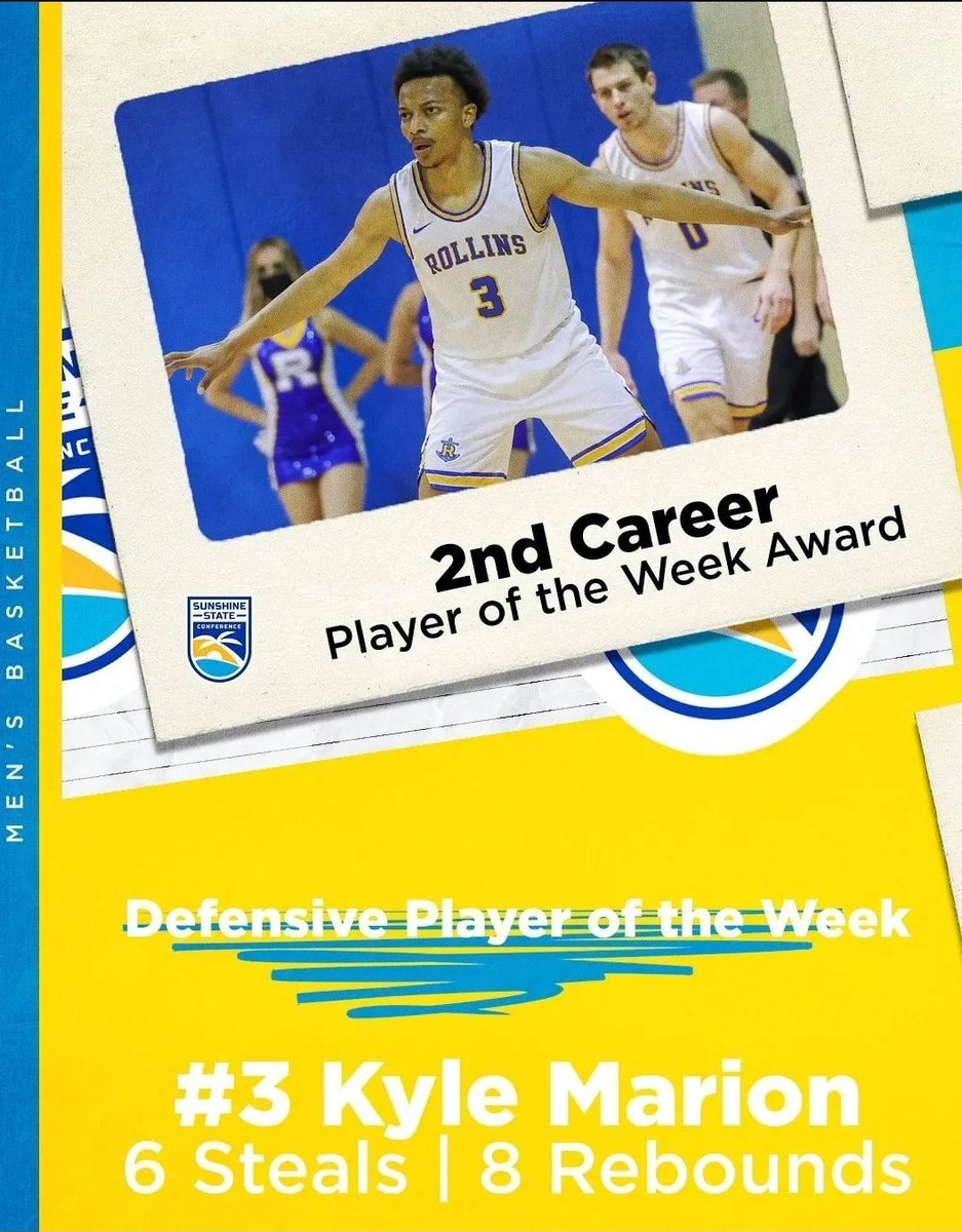 RollinsMBB's tweet photo. 🔙 ✌️🔙 Rollins players named @D2SSC Defensive Player of the Week!

@KyleMarion17 claims the accolade this week after 6 steals and 8 rebounds vs Embry Riddle on Saturday.

https://t.co/nDzE4gqW2c https://t.co/e1s08Qonjc