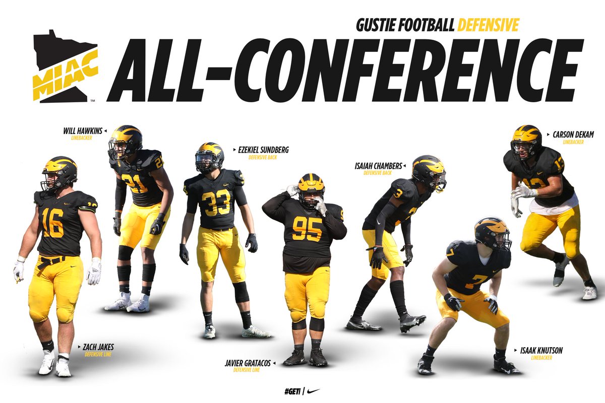 gustiefootball's tweet photo. Gustie Football Defensive All-Conference Honors. 

#GET #gogusties https://t.co/HdWj9ojJU3