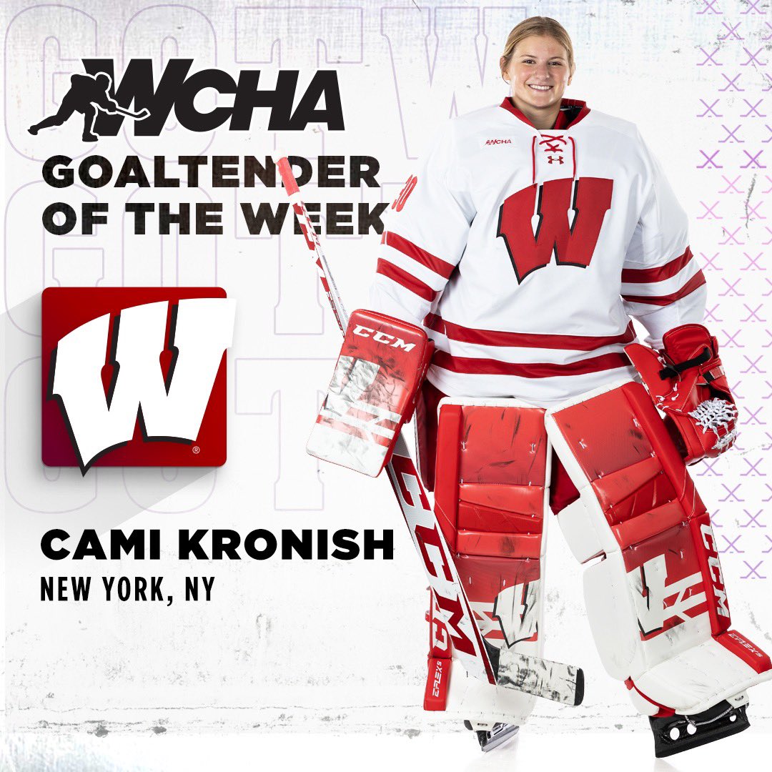 Wisconsin Hockey (@badgerwhockey) on Twitter photo What a couple of days for <a href="/CamiKronish/">Cami Kronish</a>!
Saturday - Ends up on <a href="/SportsCenter/">SportsCenter</a> with the No. 1 Play on #SCTop10
Sunday - Leads UW to a 4-1 win over No. 1 Minnesota
Monday - Named <a href="/WCHA_WHockey/">WCHA Hockey</a> Goaltender of the Week!
#Badgers || #OnWisconsin What a couple of days for <a href="/CamiKronish/">Cami Kronish</a>!
Saturday - Ends up on <a href="/SportsCenter/">SportsCenter</a> with the No. 1 Play on #SCTop10
Sunday - Leads UW to a 4-1 win over No. 1 Minnesota
Monday - Named <a href="/WCHA_WHockey/">WCHA Hockey</a> Goaltender of the Week!
#Badgers || #OnWisconsin