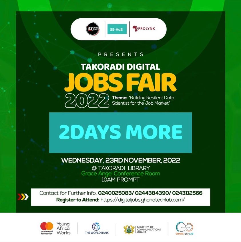 SEHUBGH1's tweet image. Takoradi Digital Jobs Fair 2022 - 𝐃𝐚𝐭𝐚 𝐒𝐜𝐢𝐞𝐧𝐜𝐞 𝐄𝐝𝐢𝐭𝐢𝐨𝐧
 
Visit: digitaljobs.ghanatechlab.com to register
#icodegh 
#SEHub 
#Afrolynk 
#digitaljobsfair
#takoradidigitaljobsfair
#jobfair
#digitaljobsfair2022