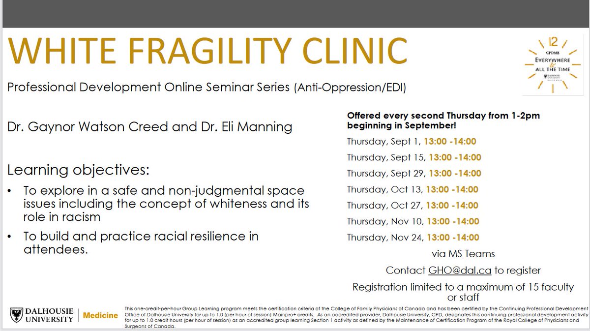 White Fragility Clinic with Dr Gaynor Watson-Creed and Dr Eli Manning happening this Thursday📅 
LAST chance for this semester!
tinyurl.com/pdsemser
@DalGlobalHealth @DalMedSchool  @DalMedNB  #AntiOppression #EDIA