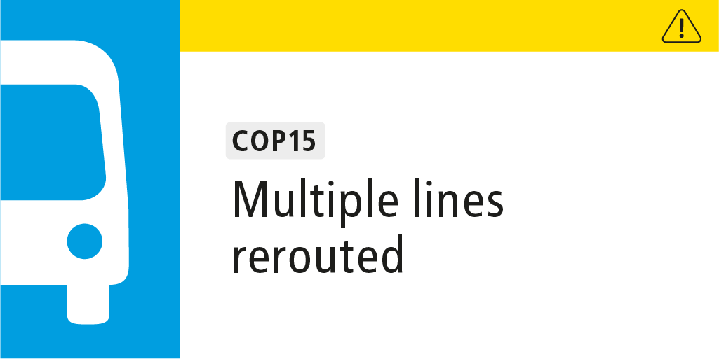 stm_Bus's tweet photo. [#COP15] 🚌⚠️ Due to the security perimeter around the Palais des Congrès, bus lines #stm55, #stm129, #stm361, #stm363 and #stm365 are rerouted until December 20, inclusively.

Info ⏩ https://t.co/Wow95tj84E https://t.co/Neng0tSgut