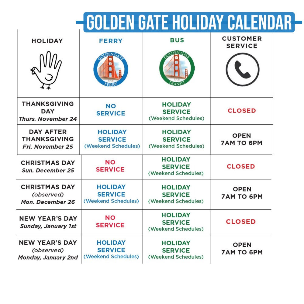 GoldenGateBus's tweet photo. Rider Alert Thanksgiving holiday service, check schedules carefully! Reminder, holiday service and weekend service are the same. https://t.co/3BDqWa95Ti
#RiderAlert #Thanksgiving #HolidayService https://t.co/zKBh7GQohM