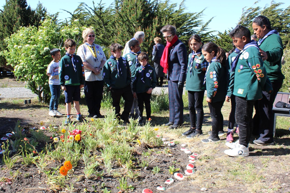 The Princess Royal this afternoon planted a tree in Memorial Wood in Stanley, which commemorates members of the British forces who died in 1982. Afterwards, she was shown Falklands @scouts to a flower bed which has been maintained by generations of Scouts members.