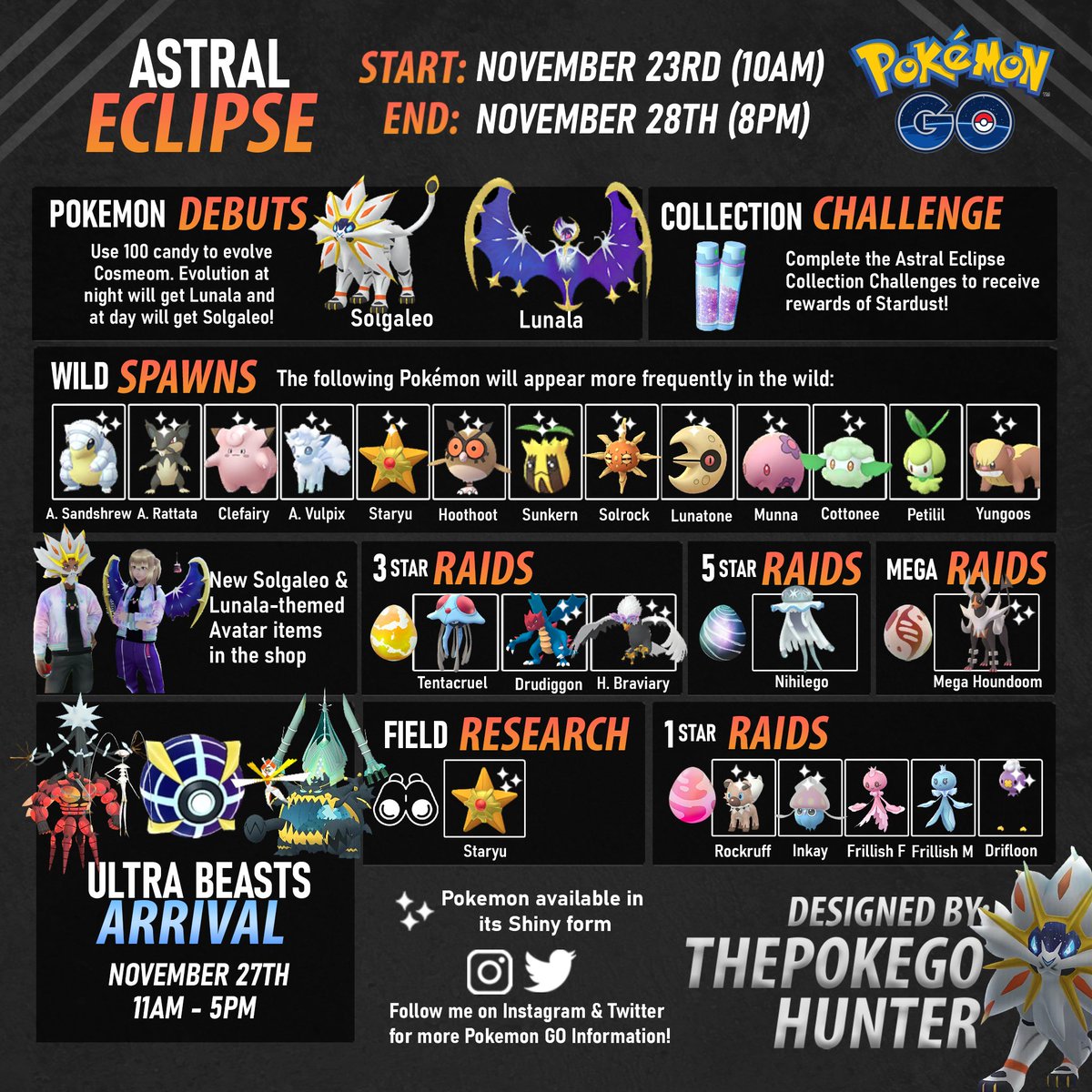 Astral Eclipse event debuts Solgaleo &amp; Lunala in #PokemonGO. Post on the Ultra Beasts Arrival raid day coming soon! ☀️🌒
