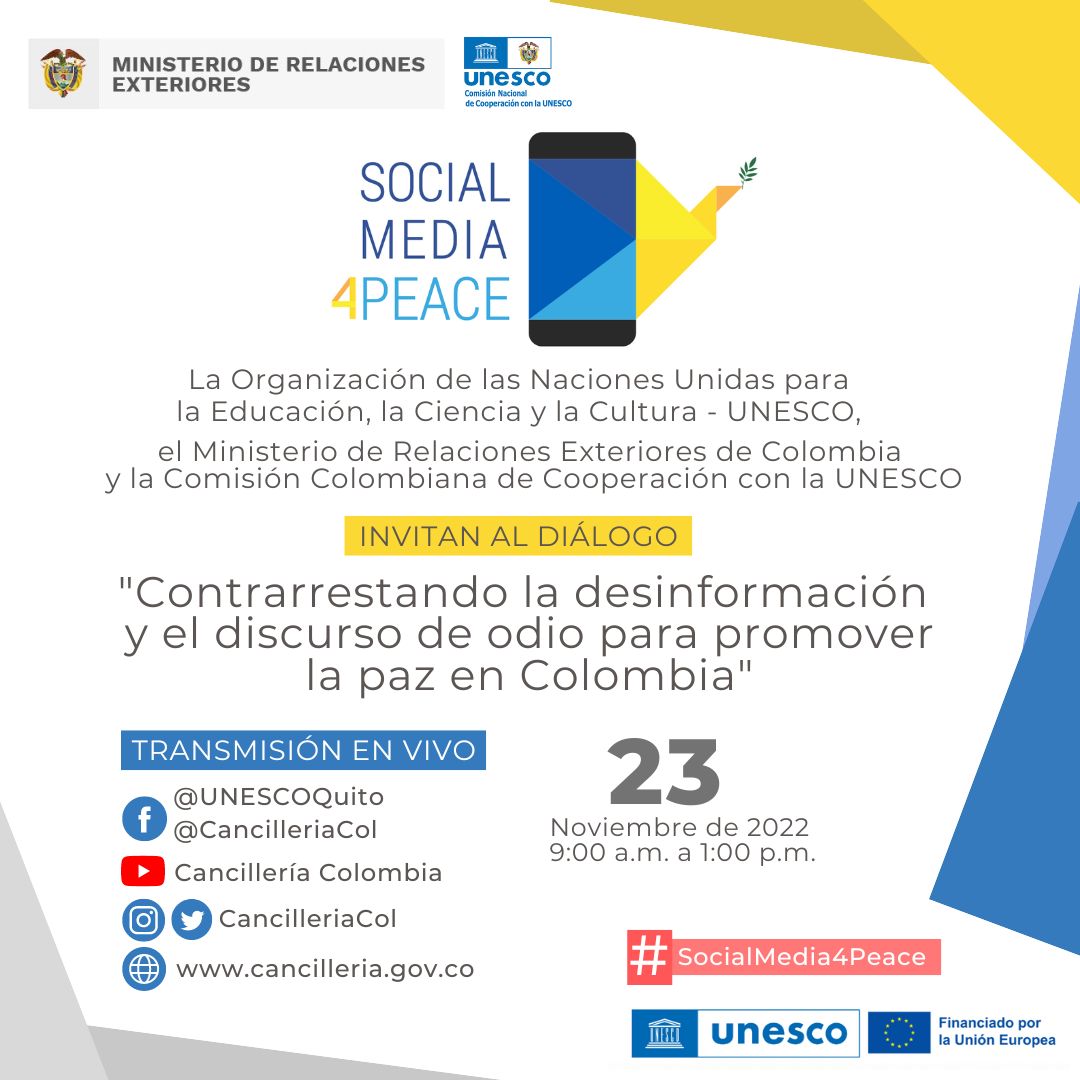 Este miércoles 23 de noviembre, en #Bogotá, <a href="/UNESCO/">UNESCO 🏛️ #Education #Sciences #Culture 🇺🇳</a> lanzará el proyecto #SocialMedia4Peace con actores relevantes en #Colombia que luchan contra el discurso de odio en la sociedad digital. Evento híbrido.📱🙋🏻‍♀️🙋‍♂️Acompáñanos vía redes sociales👇