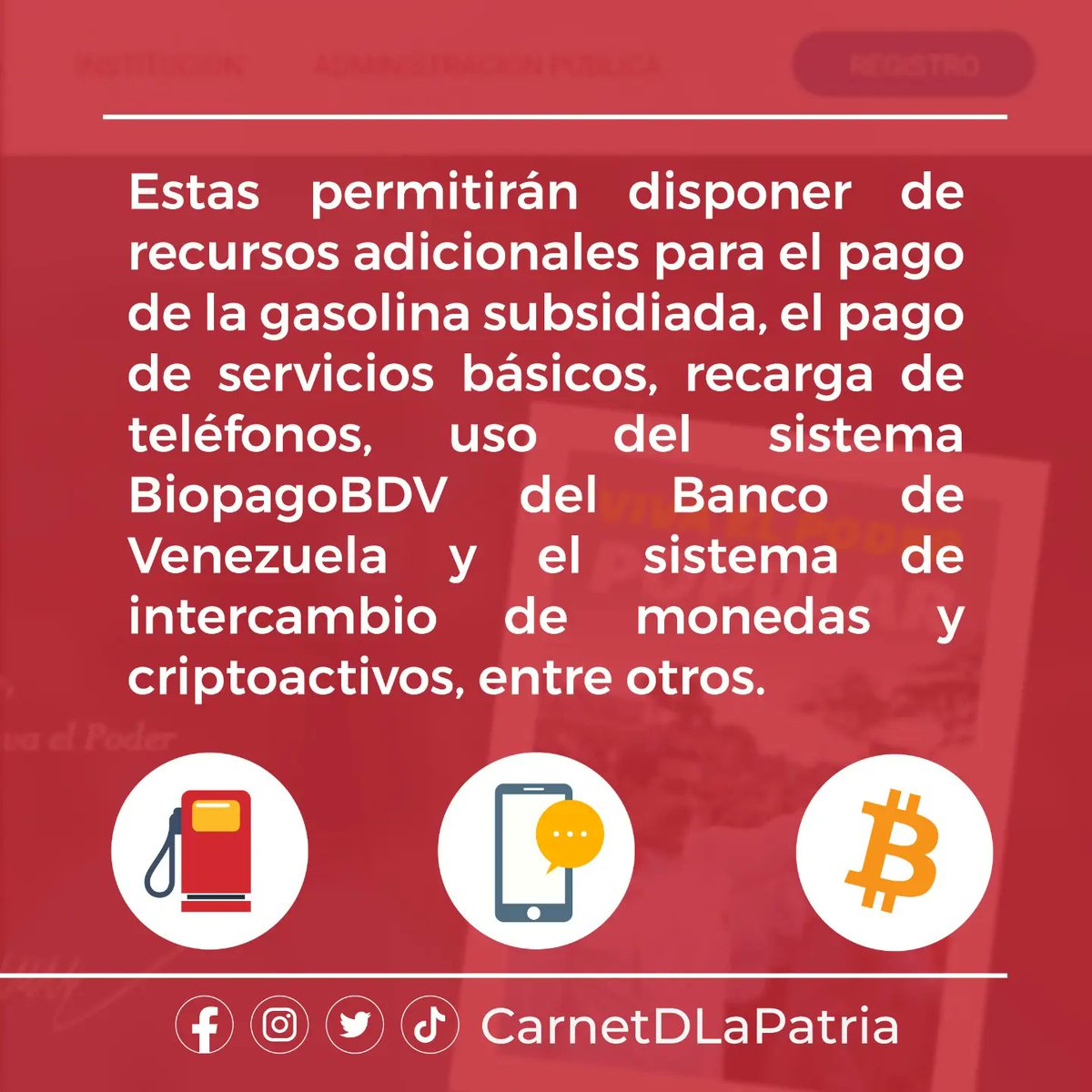 CarnetDLaPatria's tweet photo. #IMPORTANTE El #SistemaPatria te informa que, la #PlataformaPatria continuará realizando pruebas para evaluar alternativas de ingresos de fondos a su Monedero.
Además, de la integración de aplicaciones que nos facilitarán el pago de otros servicios.

#JuventudUniversitaria #21Nov https://t.co/OIulcopSoZ