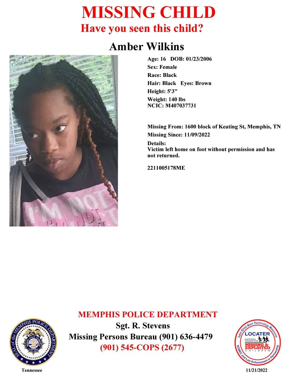 MEM_PoliceDept's tweet photo. **Missing Teen**
Have you seen Amber Wilkins?

Report #2211005178ME https://t.co/cpXPtkwL1w
